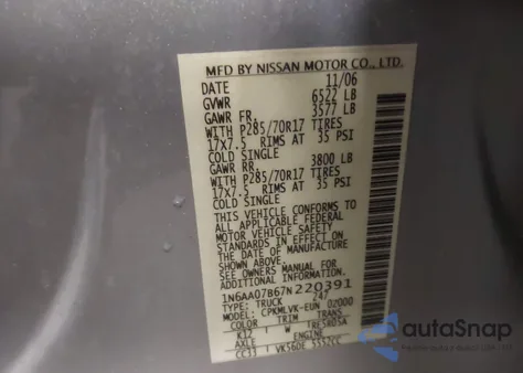 2007 Nissan Titan Le z USA, uszkodzony, nr VIN 1N6AA07B67N220391